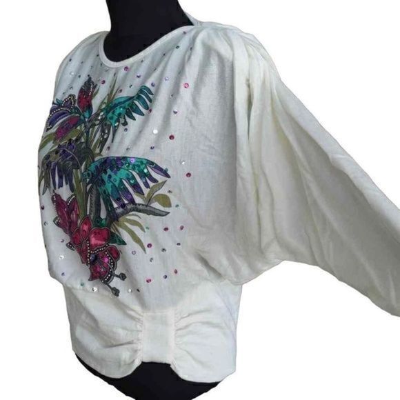 Bonnie Boerer Sequin Tropical Flower‎ Dolman Sleeve Top Sz PS - Picture 3 of 14